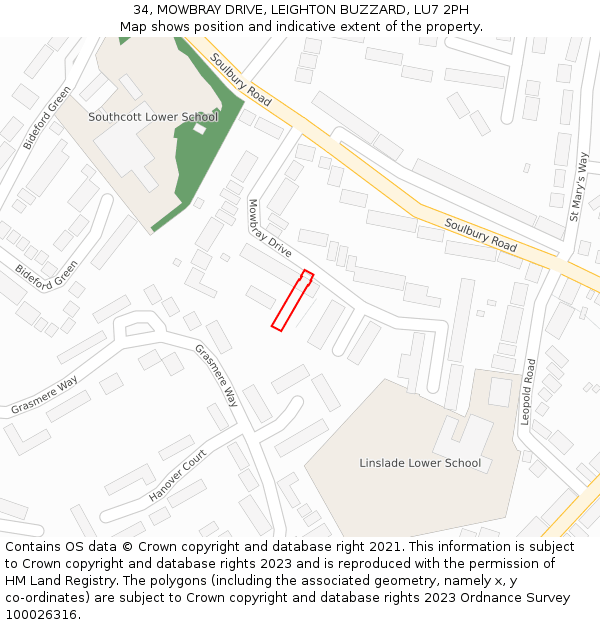 34, MOWBRAY DRIVE, LEIGHTON BUZZARD, LU7 2PH: Location map and indicative extent of plot