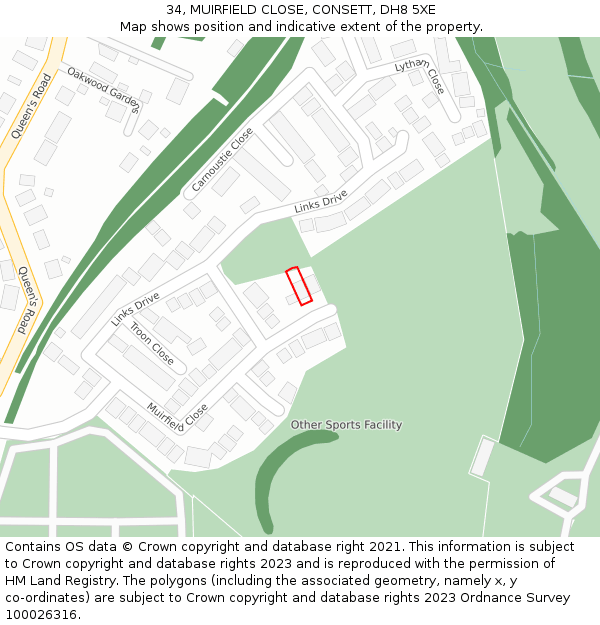 34, MUIRFIELD CLOSE, CONSETT, DH8 5XE: Location map and indicative extent of plot