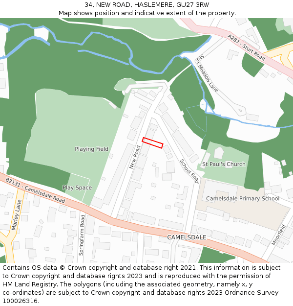 34, NEW ROAD, HASLEMERE, GU27 3RW: Location map and indicative extent of plot