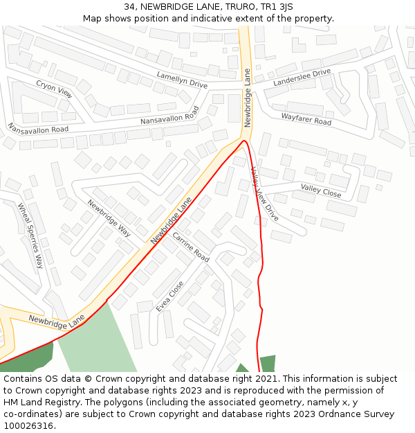 34, NEWBRIDGE LANE, TRURO, TR1 3JS: Location map and indicative extent of plot