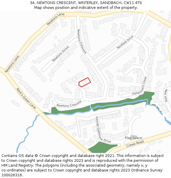 34, NEWTONS CRESCENT, WINTERLEY, SANDBACH, CW11 4TS: Location map and indicative extent of plot