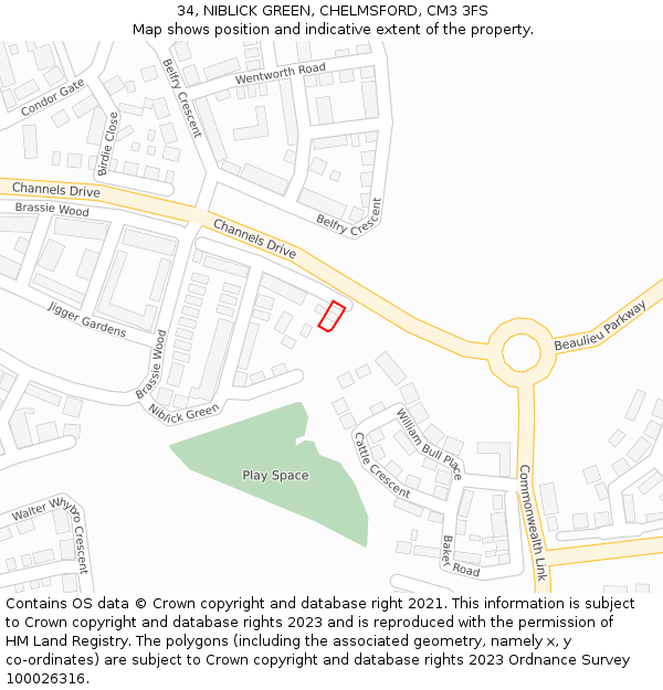 34, NIBLICK GREEN, CHELMSFORD, CM3 3FS: Location map and indicative extent of plot