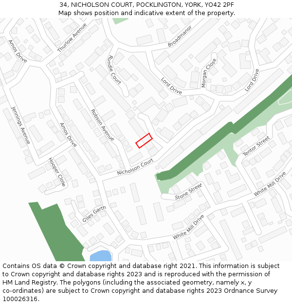 34, NICHOLSON COURT, POCKLINGTON, YORK, YO42 2PF: Location map and indicative extent of plot