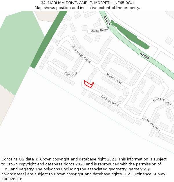 34, NORHAM DRIVE, AMBLE, MORPETH, NE65 0GU: Location map and indicative extent of plot