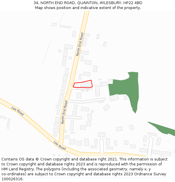 34, NORTH END ROAD, QUAINTON, AYLESBURY, HP22 4BD: Location map and indicative extent of plot