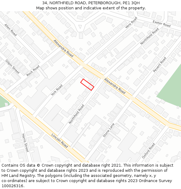 34, NORTHFIELD ROAD, PETERBOROUGH, PE1 3QH: Location map and indicative extent of plot