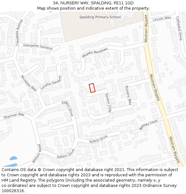 34, NURSERY WAY, SPALDING, PE11 1GD: Location map and indicative extent of plot