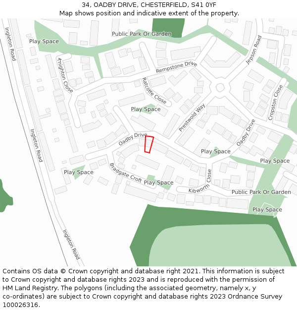 34, OADBY DRIVE, CHESTERFIELD, S41 0YF: Location map and indicative extent of plot