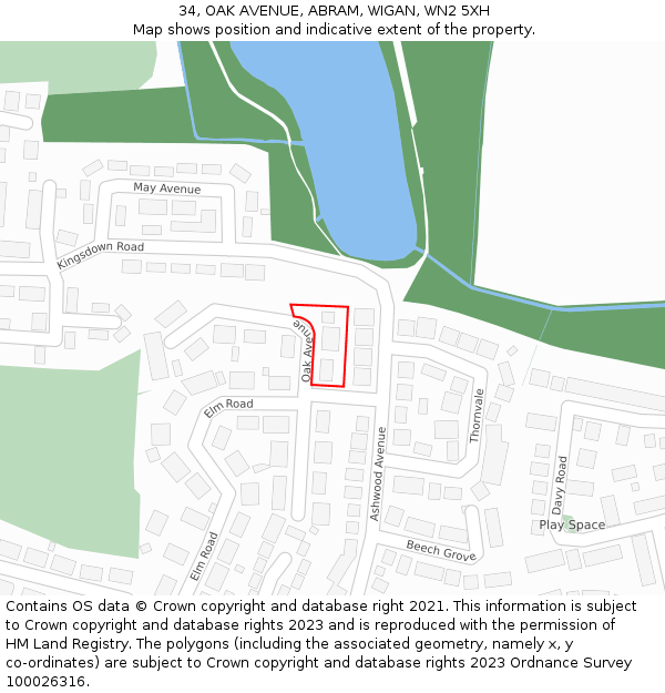 34, OAK AVENUE, ABRAM, WIGAN, WN2 5XH: Location map and indicative extent of plot