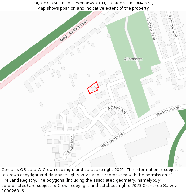 34, OAK DALE ROAD, WARMSWORTH, DONCASTER, DN4 9NQ: Location map and indicative extent of plot