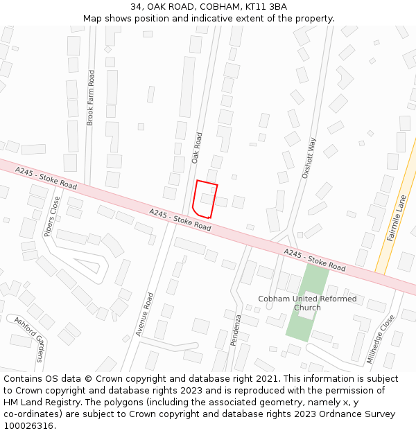 34, OAK ROAD, COBHAM, KT11 3BA: Location map and indicative extent of plot