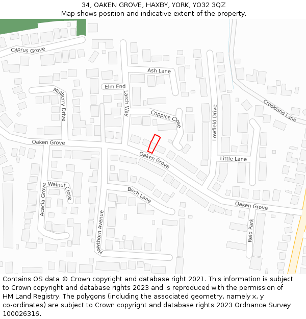 34, OAKEN GROVE, HAXBY, YORK, YO32 3QZ: Location map and indicative extent of plot