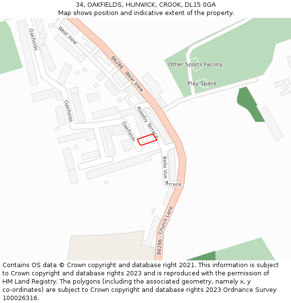 34, OAKFIELDS, HUNWICK, CROOK, DL15 0GA: Location map and indicative extent of plot