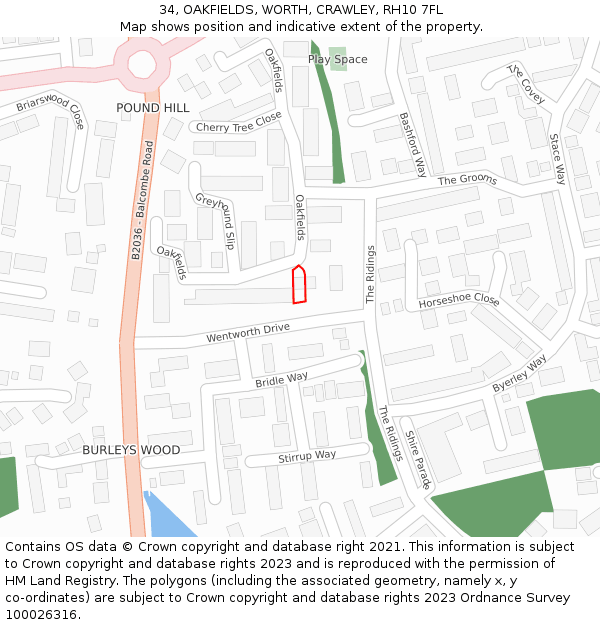 34, OAKFIELDS, WORTH, CRAWLEY, RH10 7FL: Location map and indicative extent of plot
