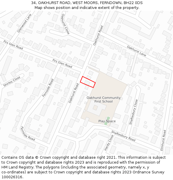 34, OAKHURST ROAD, WEST MOORS, FERNDOWN, BH22 0DS: Location map and indicative extent of plot