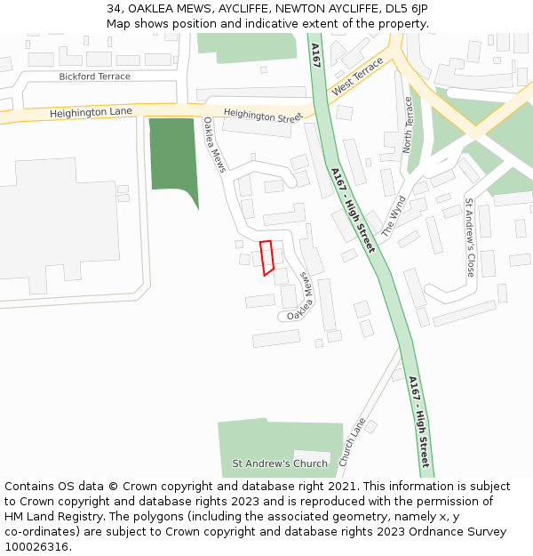 34, OAKLEA MEWS, AYCLIFFE, NEWTON AYCLIFFE, DL5 6JP: Location map and indicative extent of plot