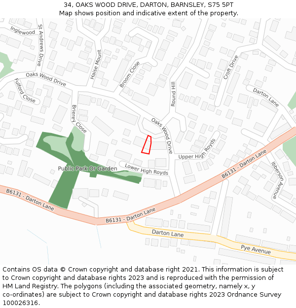 34, OAKS WOOD DRIVE, DARTON, BARNSLEY, S75 5PT: Location map and indicative extent of plot