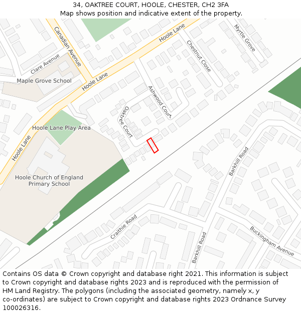 34, OAKTREE COURT, HOOLE, CHESTER, CH2 3FA: Location map and indicative extent of plot