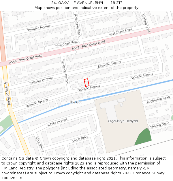 34, OAKVILLE AVENUE, RHYL, LL18 3TF: Location map and indicative extent of plot