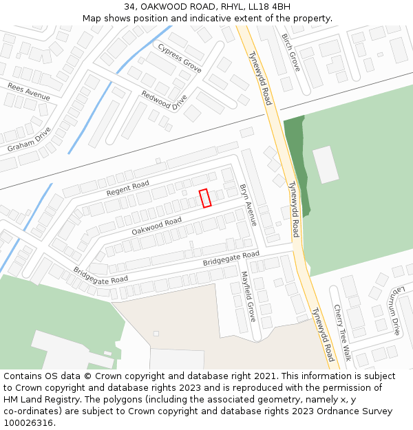 34, OAKWOOD ROAD, RHYL, LL18 4BH: Location map and indicative extent of plot