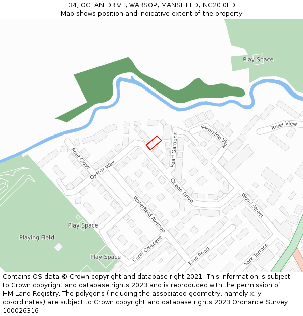 34, OCEAN DRIVE, WARSOP, MANSFIELD, NG20 0FD: Location map and indicative extent of plot