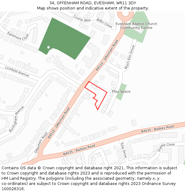 34, OFFENHAM ROAD, EVESHAM, WR11 3DY: Location map and indicative extent of plot
