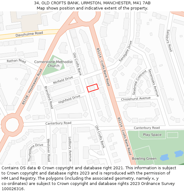 34, OLD CROFTS BANK, URMSTON, MANCHESTER, M41 7AB: Location map and indicative extent of plot