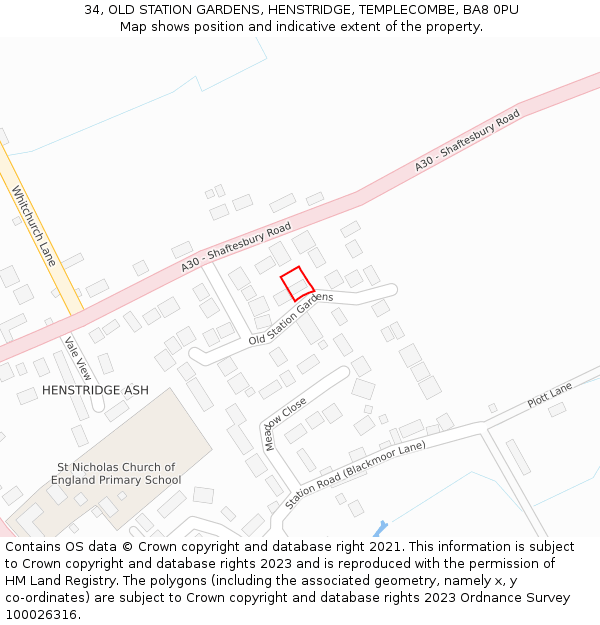 34, OLD STATION GARDENS, HENSTRIDGE, TEMPLECOMBE, BA8 0PU: Location map and indicative extent of plot