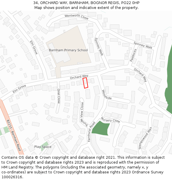 34, ORCHARD WAY, BARNHAM, BOGNOR REGIS, PO22 0HP: Location map and indicative extent of plot