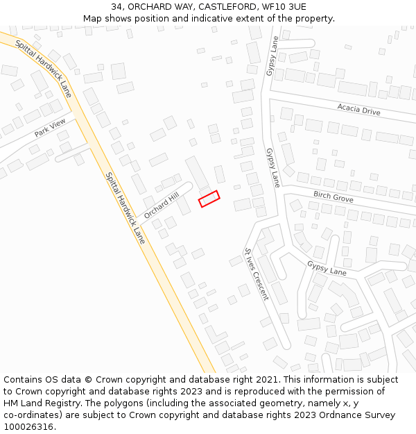 34, ORCHARD WAY, CASTLEFORD, WF10 3UE: Location map and indicative extent of plot