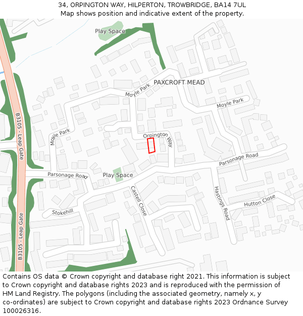 34, ORPINGTON WAY, HILPERTON, TROWBRIDGE, BA14 7UL: Location map and indicative extent of plot