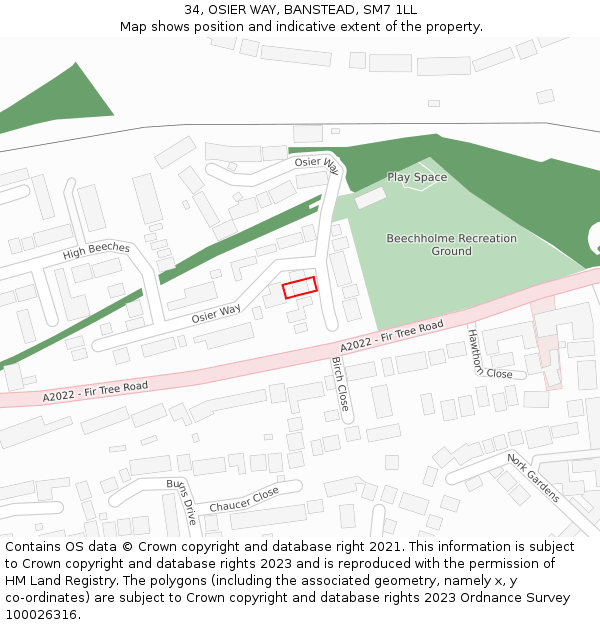 34, OSIER WAY, BANSTEAD, SM7 1LL: Location map and indicative extent of plot