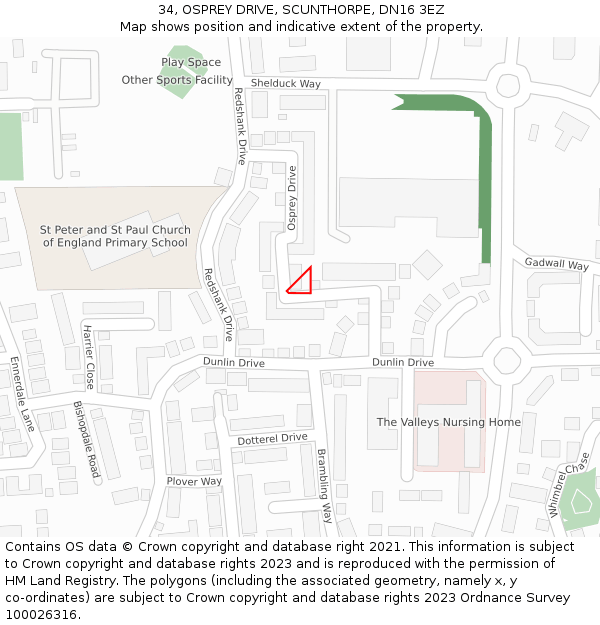 34, OSPREY DRIVE, SCUNTHORPE, DN16 3EZ: Location map and indicative extent of plot