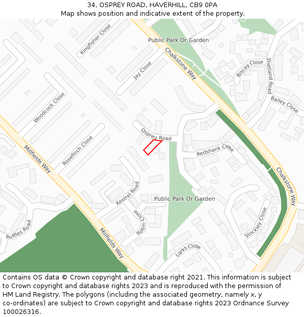 34, OSPREY ROAD, HAVERHILL, CB9 0PA: Location map and indicative extent of plot