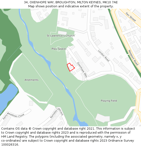 34, OXENHOPE WAY, BROUGHTON, MILTON KEYNES, MK10 7AE: Location map and indicative extent of plot