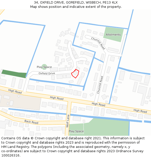 34, OXFIELD DRIVE, GOREFIELD, WISBECH, PE13 4LX: Location map and indicative extent of plot