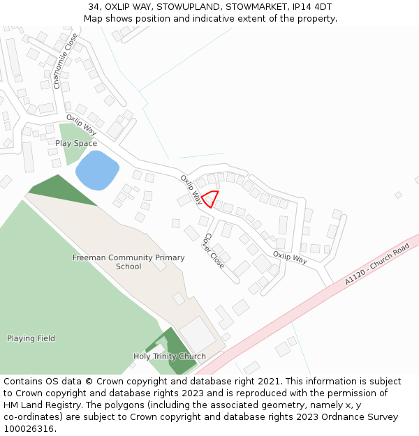 34, OXLIP WAY, STOWUPLAND, STOWMARKET, IP14 4DT: Location map and indicative extent of plot