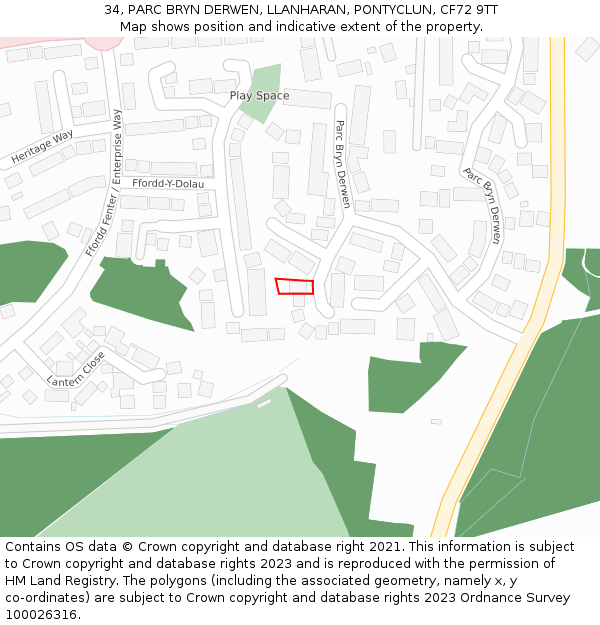 34, PARC BRYN DERWEN, LLANHARAN, PONTYCLUN, CF72 9TT: Location map and indicative extent of plot