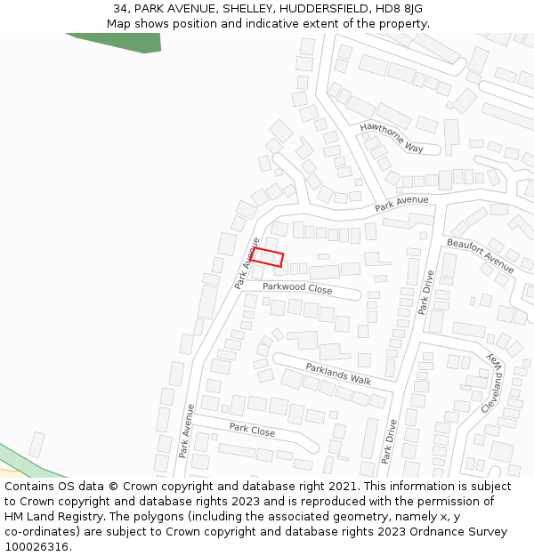 34, PARK AVENUE, SHELLEY, HUDDERSFIELD, HD8 8JG: Location map and indicative extent of plot