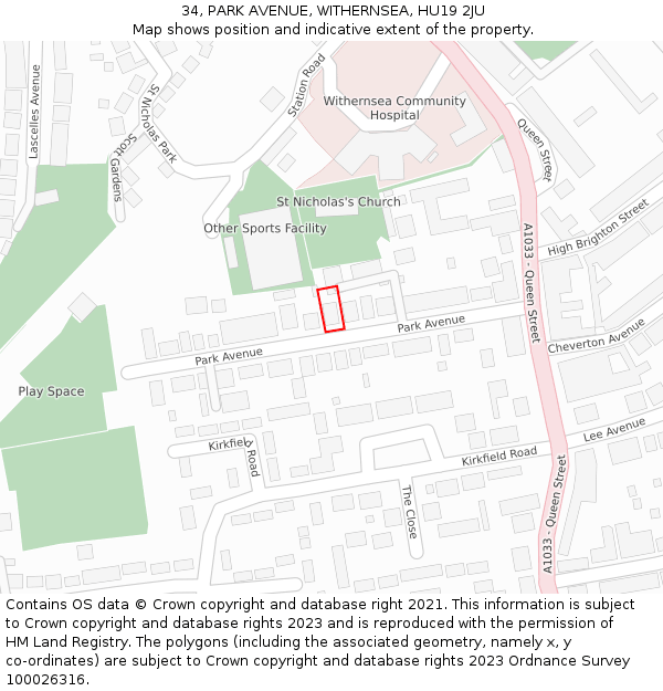 34, PARK AVENUE, WITHERNSEA, HU19 2JU: Location map and indicative extent of plot