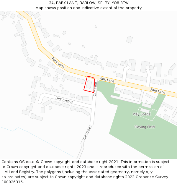 34, PARK LANE, BARLOW, SELBY, YO8 8EW: Location map and indicative extent of plot