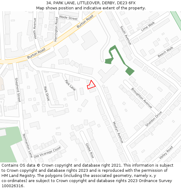 34, PARK LANE, LITTLEOVER, DERBY, DE23 6FX: Location map and indicative extent of plot