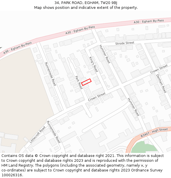 34, PARK ROAD, EGHAM, TW20 9BJ: Location map and indicative extent of plot