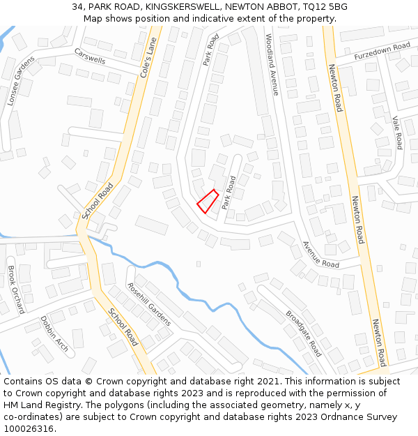 34, PARK ROAD, KINGSKERSWELL, NEWTON ABBOT, TQ12 5BG: Location map and indicative extent of plot