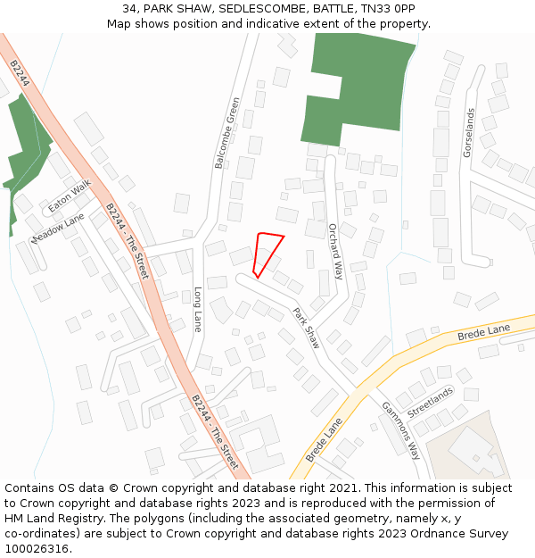 34, PARK SHAW, SEDLESCOMBE, BATTLE, TN33 0PP: Location map and indicative extent of plot