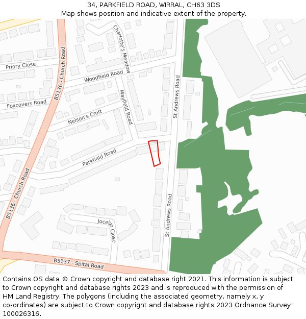 34, PARKFIELD ROAD, WIRRAL, CH63 3DS: Location map and indicative extent of plot