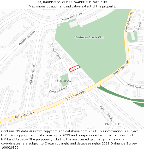 34, PARKINSON CLOSE, WAKEFIELD, WF1 4NR: Location map and indicative extent of plot