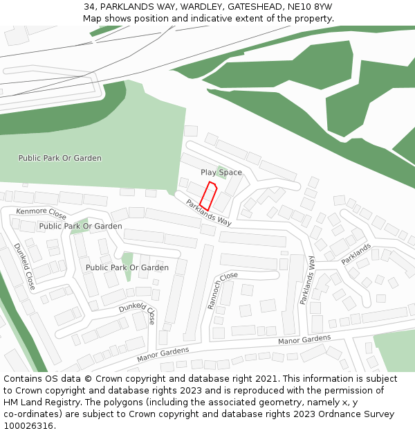 34, PARKLANDS WAY, WARDLEY, GATESHEAD, NE10 8YW: Location map and indicative extent of plot