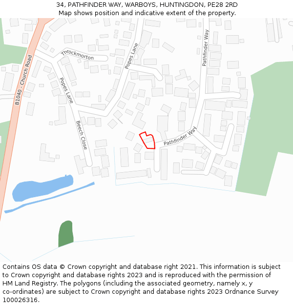 34, PATHFINDER WAY, WARBOYS, HUNTINGDON, PE28 2RD: Location map and indicative extent of plot