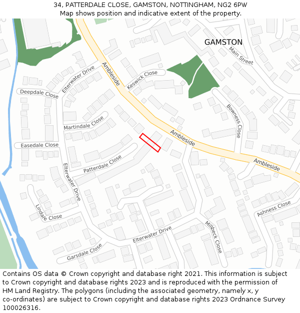 34, PATTERDALE CLOSE, GAMSTON, NOTTINGHAM, NG2 6PW: Location map and indicative extent of plot